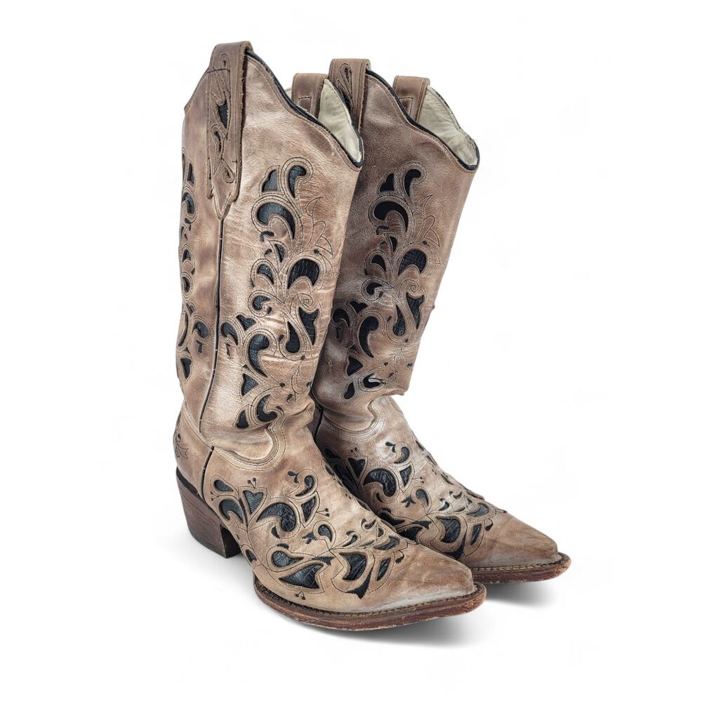 J.B. Dillon Chicory Western Cowgirl Boots Size 6 Leather Embroidered Brown Black